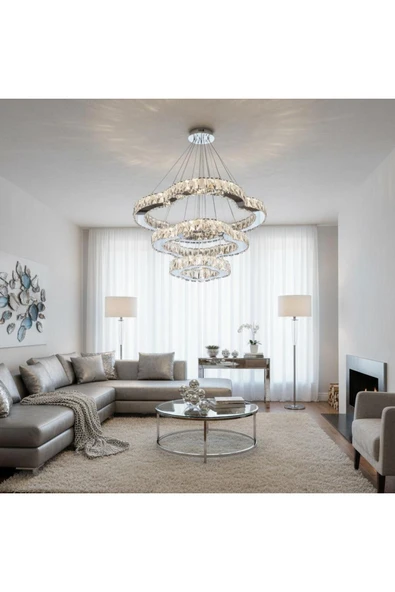 Elizim Home Lighting Casel 3 katlı kristal taşlı krom ledli avize ürün görseli 1