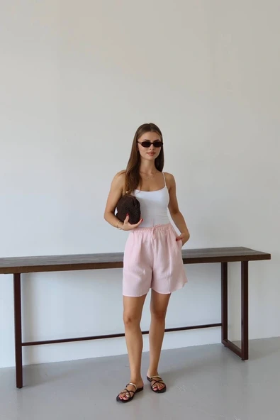 Müslin kumaş şort bağcıklı pembe pt - Resim 5