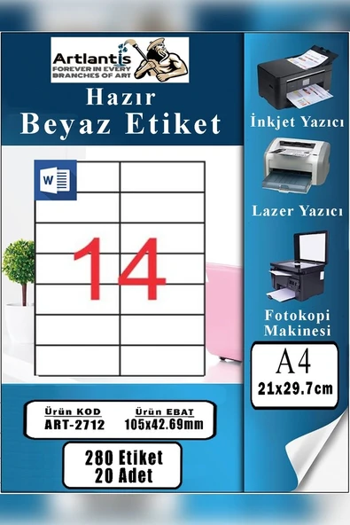A4 Hazır Etiket 105x42.7 mm 20 Sayfa 1 Paket 14 lü Kendinden Yapışkanlı Fotokopi Lazer İnkjet Kağıdı Yazıcılar İçin Uyumlu ürün görseli 1
