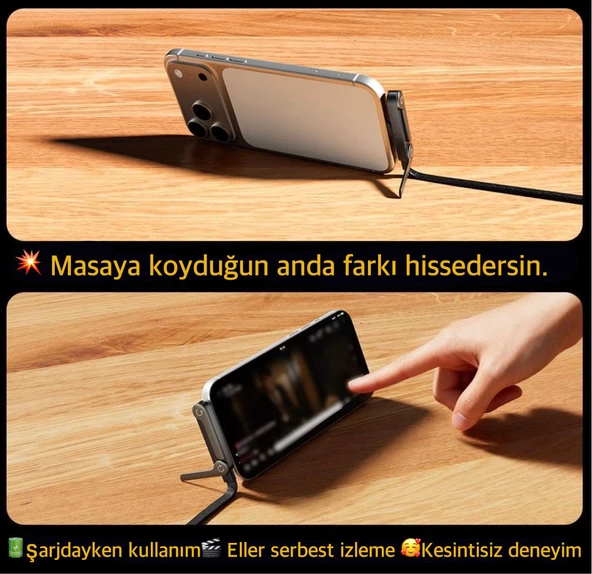 Type-C den Type-C 240W Extra Dayanıklı Super Hızlı 480 mps Veri Aktarımı Hem Stand Hem Şarj Kablosu Birarada - Resim 3