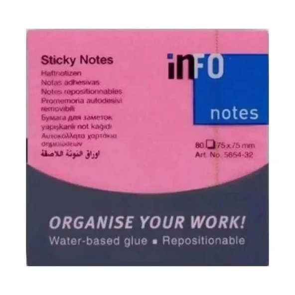 İnfo Notes 75x75 Mm Pembe Yapışkanlı Notluk 80 Syf ürün görseli 1
