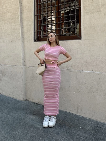 Çizgili etekli takım pembe s3609 ürün görseli 1