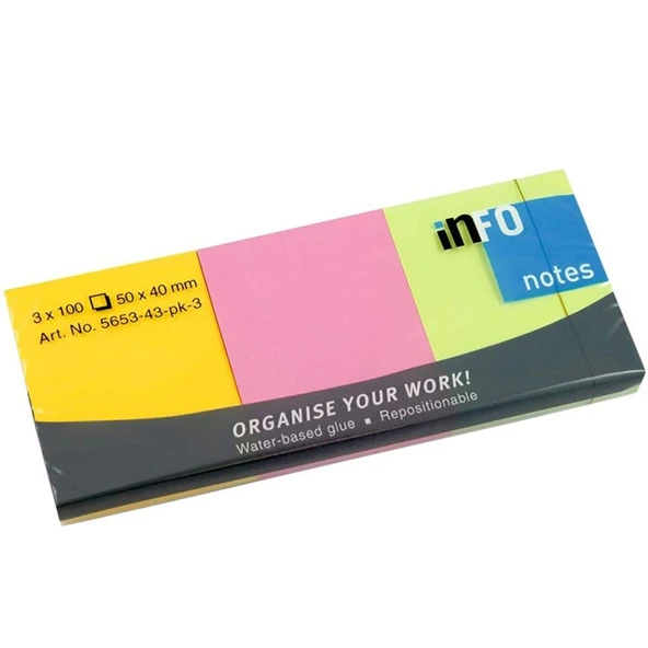 İnfo Notes 50x40Mm Yapışkanlı Notluk 3x100 Syf Renkli ürün görseli 1