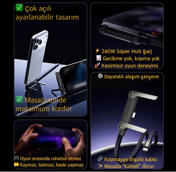Type-C den Type-C 240W Extra Dayanıklı Super Hızlı 480 mps Veri Aktarımı Hem Stand Hem Şarj Kablosu Birarada - Resim 1