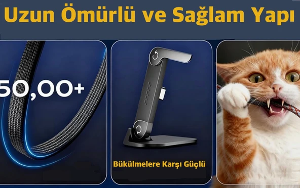 Type-C den Type-C 240W Extra Dayanıklı Super Hızlı 480 mps Veri Aktarımı Hem Stand Hem Şarj Kablosu Birarada - Resim 2