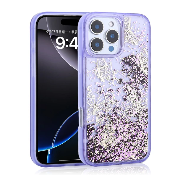 iPhone 16 Pro Kılıf Sıvılı Simli Kelebek Tasarım Şeffaf Liquid Glittery Silikon Kapak ürün görseli 1