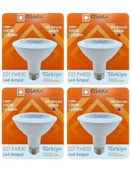 (4 Adet) Osaka 14W (100W) Ilık Beyaz (Günışığı) (4000K) E27 Duylu (Kalın Duy) Led PAR30 Ampul ürün görseli 1