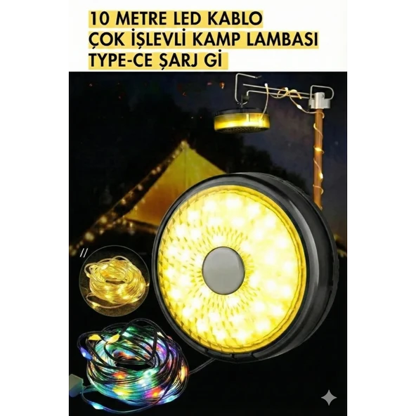 Şarjlı 10 Metre Ledli Şarj Göstergeli 7 Işık Modlu Hareketli Ve Flaşör Modlu Kamp Lambası Led Işık ürün görseli 1