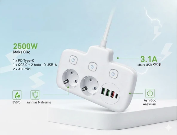 Plentiful 2500W Güçlü Akım Korumalı 3 USB + Type-C Portlu Çoklu Priz | Hızlı Şarj, Çocuk Kilidi, 850°C Yanmaz Malzeme ürün görseli 1