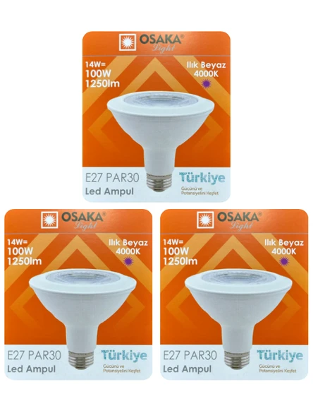 (3 Adet) Osaka 14W (100W) Ilık Beyaz (Günışığı) (4000K) E27 Duylu (Kalın Duy) Led PAR30 Ampul ürün görseli 1