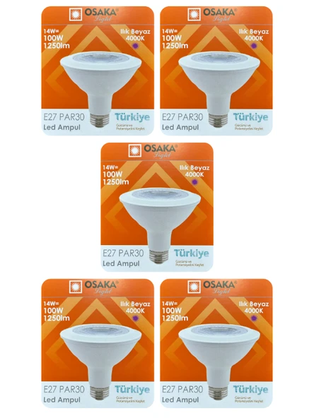 (5 Adet) Osaka 14W (100W) Ilık Beyaz (Günışığı) (4000K) E27 Duylu (Kalın Duy) Led PAR30 Ampul ürün görseli 1