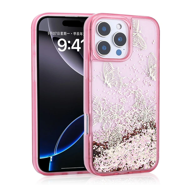 iPhone 16 Pro Max Kılıf Sıvılı Simli Kelebek Tasarım Şeffaf Liquid Glittery Silikon Kapak ürün görseli 1