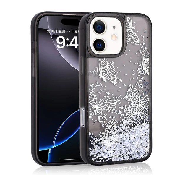iPhone 11 Kılıf Sıvılı Simli Kelebek Tasarım Şeffaf Liquid Glittery Silikon Kapak ürün görseli 1