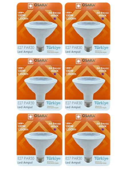 (6 Adet) Osaka 14W (100W) Ilık Beyaz (Günışığı) (4000K) E27 Duylu (Kalın Duy) Led PAR30 Ampul ürün görseli 1