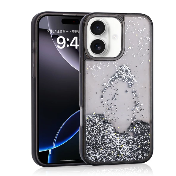 iPhone 16 Kılıf Sıvılı Simli Şeffaf Arka Yüzey Liquid Glittery Silikon Kapak ürün görseli 1