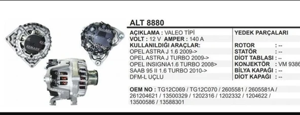 Remark ALT 8880 Valeo tipi 12v 140a opel ınsignia alternatör ürün görseli 1