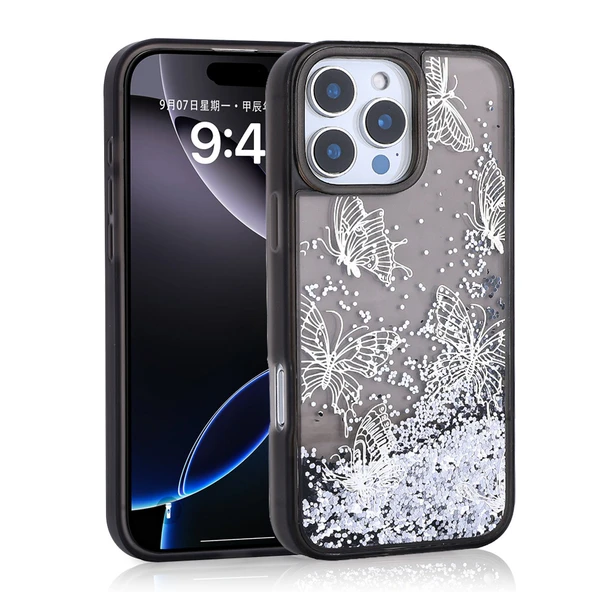 iPhone 12 Pro Kılıf Sıvılı Simli Kelebek Tasarım Şeffaf Liquid Glittery Silikon Kapak ürün görseli 1