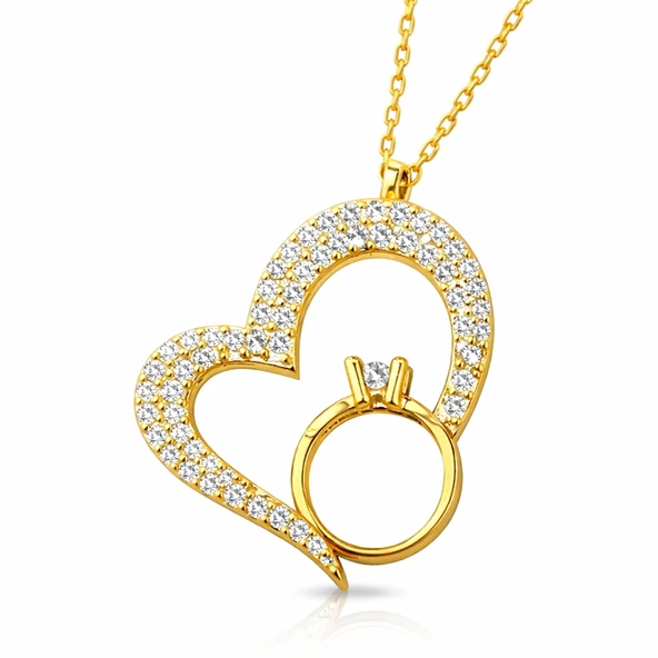 Gümüş Tektaşlı Gold Kalp Kadın Kolye ürün görseli 1