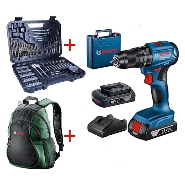 Bosch Professional GSB 185-LI 2 x 2.0 Ah Çift Akülü Darbeli Matkap - 06019K3100 + Bosch V-Line Matkap & Vidalama Karışık Aksesuar Seti 103 Parça - 2607017367 + Bosch Sırt Çantası (Yeşil) ürün görseli 1