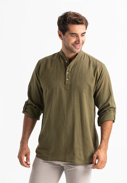 Uzun Kol Şantuklu Pamuk Bodrum Erkek Yazlık Tshirt Düz Haki 9004 ürün görseli 1