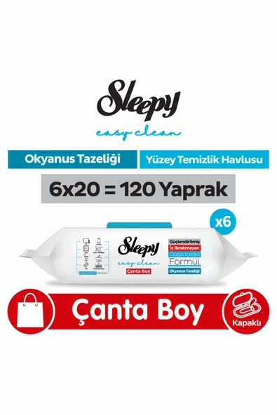 Sleepy Easy Clean Okyanus Tazeliği Yüzey Temizlik Havlusu Çanta Boy 6x20 (120 Yaprak) ürün görseli 1