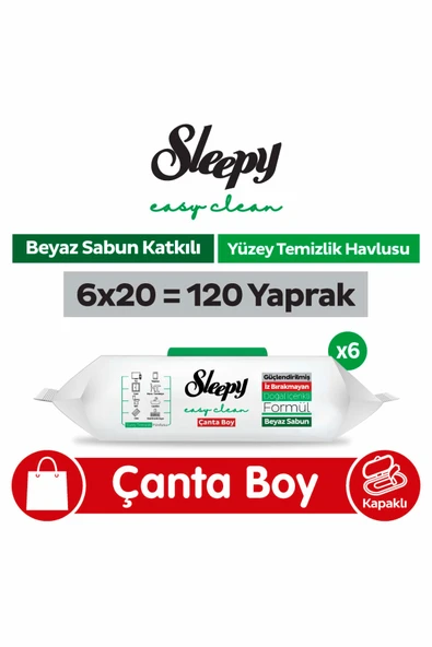 Sleepy Easy Clean Beyaz Sabun Katkılı Yüzey Temizlik Havlusu Çanta Boy 6X20 (120 Yaprak) ürün görseli 1