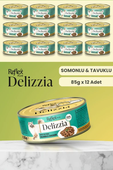 Plus Delizzia / Sos İçinde Parça Etli Somonlu & Tavuklu Yetişkin Kedi Maması 85g x 12 Adet ürün görseli 1