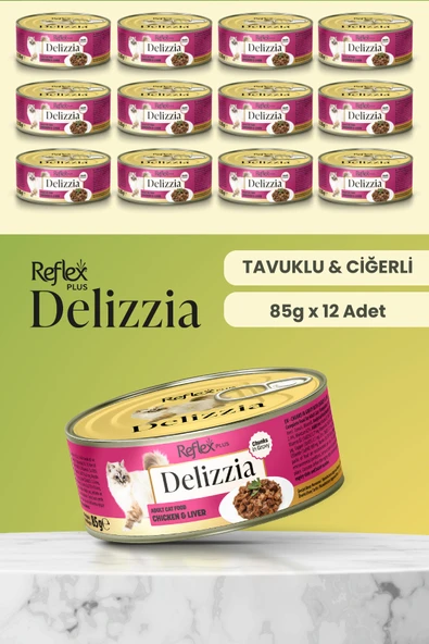 Plus Delizzia / Sos İçinde Parça Etli Tavuklu & Ciğerli Yetişkin Kedi Maması 85g x 12 Adet ürün görseli 1