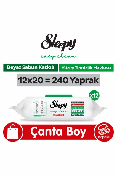 Sleepy Easy Clean Beyaz Sabun Katkılı Yüzey Temizlik Havlusu Çanta Boy 12x20 (240 Yaprak) ürün görseli 1