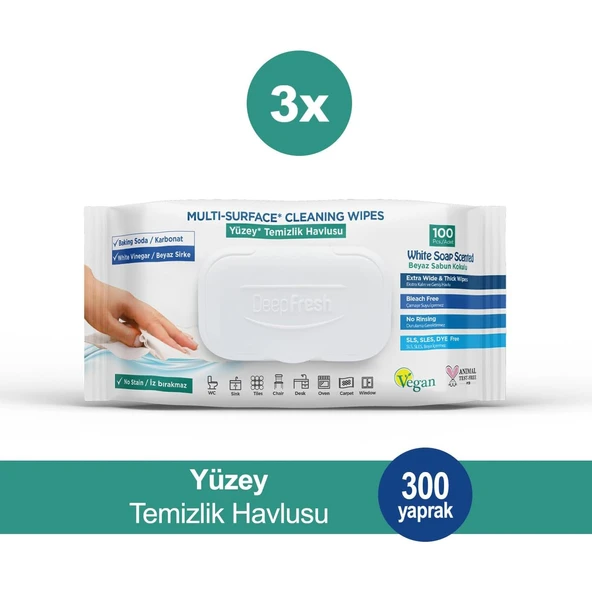 Deep Fresh Yüzey Temizlik Havlusu 100 lü Beyaz Sabun Kokulu x 3 Adet ürün görseli 1