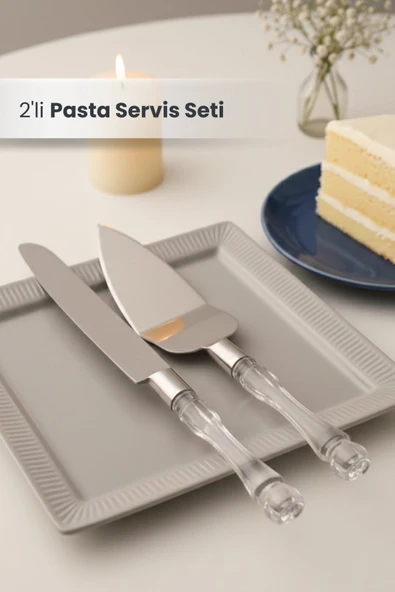 2'li Kristal Saplı Pasta Servis Seti Spatula Bıçak Sunum Servis Seti ürün görseli 1
