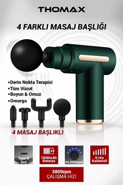 THOMAX Profesyonel Şarjlı Darbeli Masaj Tabancası Masaj Aleti 4 Başlıklı 6 Kademe Tüm Vücut ürün görseli 1