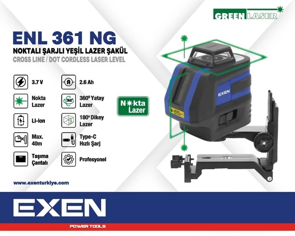 EXEN ENL 361 NG - 1x360° 3.7V 2.6Ah Noktalı Şarjlı Yeşil Lazer Şakül Set ürün görseli 1