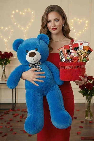Sevgililer Günü Özel: 90 Cm Peluş Ayı Kırmızı Love Yazılı Tatlı Çikolata Sepeti Sevgiliye Hediye ürün görseli 1