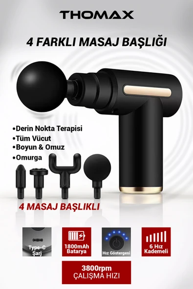 THOMAX Profesyonel Şarjlı Darbeli Masaj Tabancası Masaj Aleti 4 Başlıklı 6 Kademe Tüm Vücut ürün görseli 1