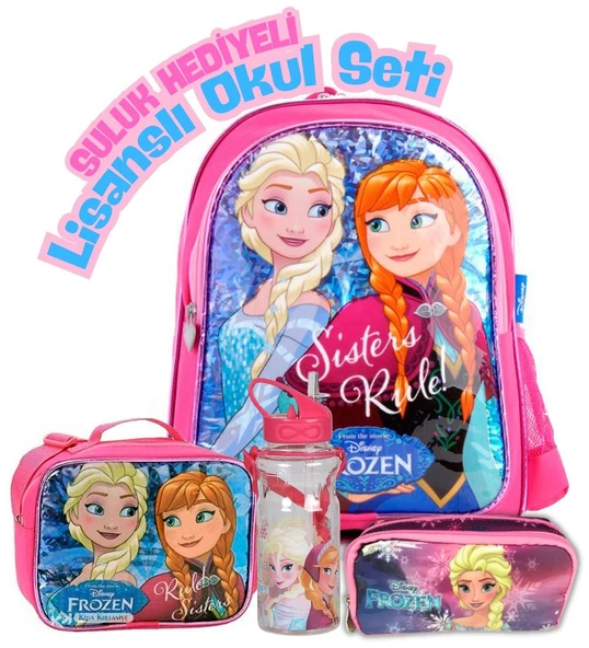Frozen Elsa Anna Lisanslı Okul Seti – 4'lü Kombin (Sırt Çantası, Suluk, Kalemlik, Beslenme Çantası) ürün görseli 1