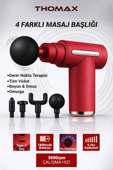 THOMAX Profesyonel Şarjlı Darbeli Masaj Tabancası Masaj Aleti 4 Başlıklı 6 Kademe Tüm Vücut ürün görseli 1