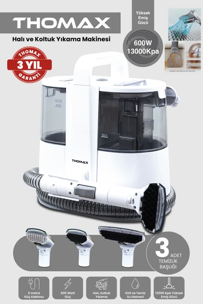 THOMAX Koltuk Halı Yıkama Ve Leke Çıkartma Makinesi 1500 Ml Temiz 850 Ml Kirli Su Haznesi 600W Güç ürün görseli 1
