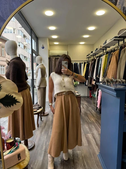 Süet Kumaş Kendinden Kemerli Kadın Uzun Etek - Taba ürün görseli 1