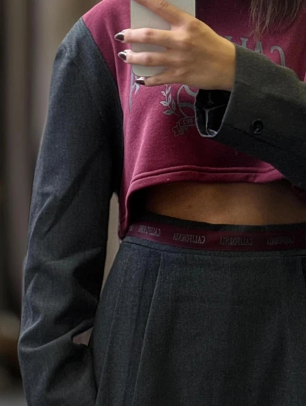 İki İplik Şardonsuz Baskılı Vatkalı Ceket Kol Sweatshirt - Bordo / Gri ürün görseli 1