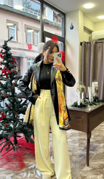 Örme Kumaş Beli Kuşaklı Bol Pantolon - Vanilya ürün görseli 1