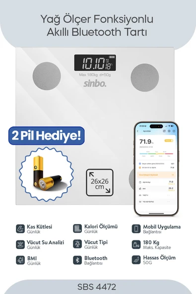 Sinbo SBS-4472 Bluetooth Dijital Yağ Su Kas Vücut Kitle Endeksi Kilo Ölçer Tartı Baskül ürün görseli 1