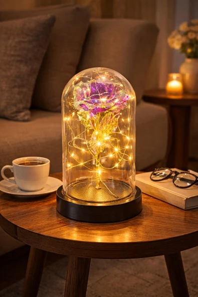 Sevgiliye Özel Günlere Dekoratf Hediye Mika Fanus İçinde Solmayan Led Işıklı Hologram Sonsuz Gül Mor ürün görseli 1