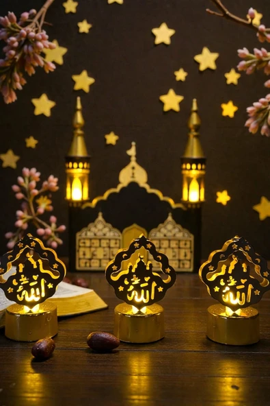Ramazan Dekoratif LED Gece Lambası 3’lü Set – Pilli Masa Üstü Mum Işığı Yazılı Tasarım ürün görseli 1