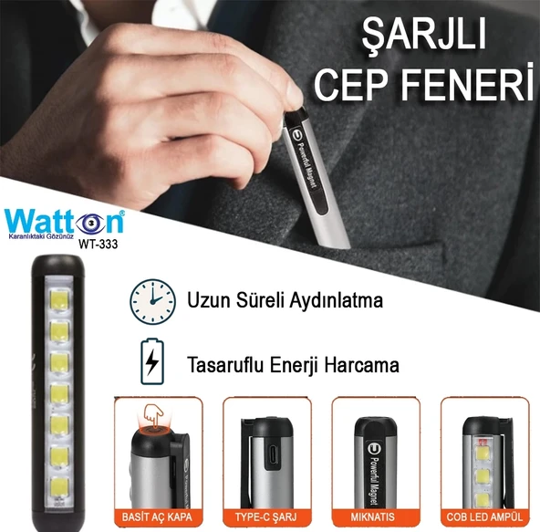 Type-c Girişli Mıknatıslı Şarjlı Cep Feneri  Wt-333 P74564S3756 ürün görseli 1