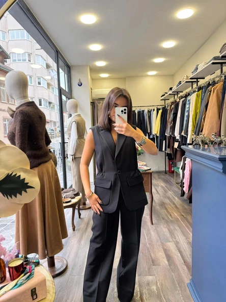 Pamuklu Kumaş Cep Detaylı Yelek/Pantolon Alt Üst Takım - Siyah ürün görseli 1