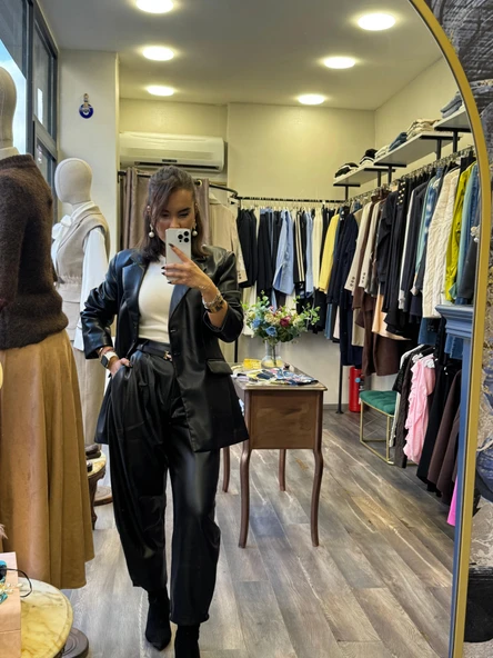 Deri Blazer Ceket - Siyah - Resim 2