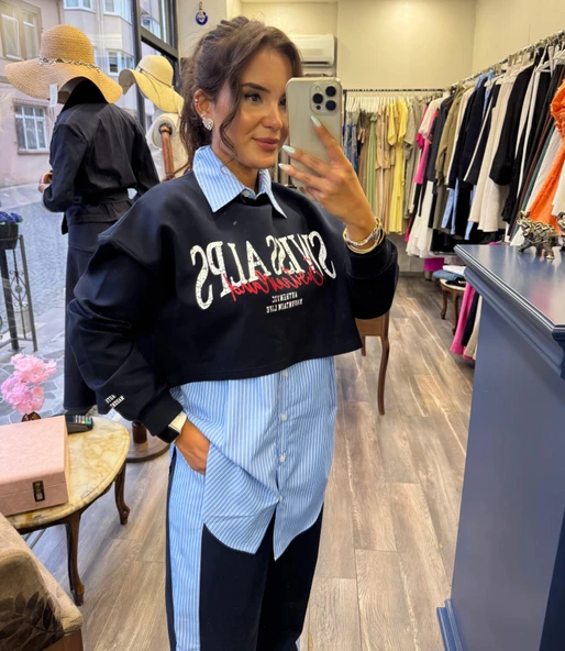 Çizgili Gömlek Garnili Yazı Baskılı Oversize Sweatshirt Mavi ürün görseli 1
