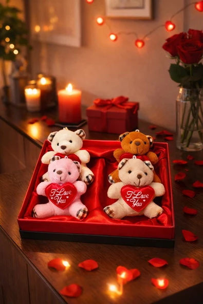 Sevgililer Günü Hediye Kutusu 4 Adet I Love You Temalı Peluş Ayıcıklı Romantik Hediye Seti Kutusu ürün görseli 1