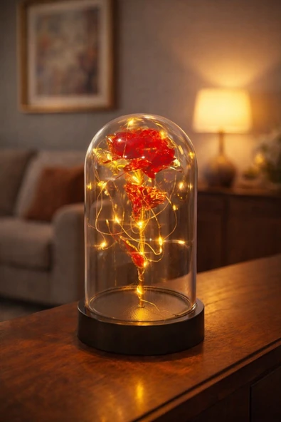 Sevgiliye Özel Günlere Dekoratif Hediye Fanus İçinde Solmayan Led Işıklı Hologram Sonsuz Gül Kırmızı ürün görseli 1